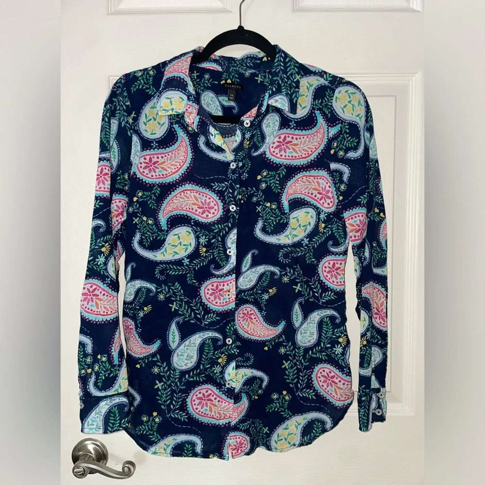 Talbots Navy Paisley Print Button-Down Shirt - Picture 2 of 4